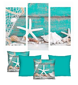 Quadro Nautico Estrela do Mar Branca Tiffany  TRIO + 4 capas de almofada