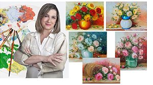 Curso de pintura On-line-  Óleo sobre Tela - Aprenda como pintar 5 quadros de Rosas