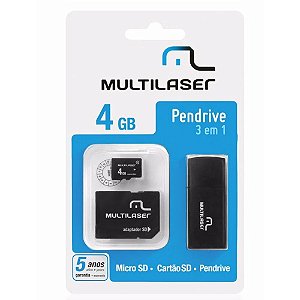 Pen Drive Multilaser 3x1 - Pen Drive - Adaptador SD - Cartão De Memória Classe 4 - 4 GB.