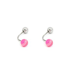 Brinco Estilo Piercing Prateado com Bolinha Rosa