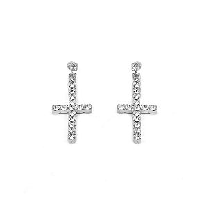 Brinco Cruz de Strass Prateado Folheado a Ouro 18K