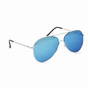 Óculos de Sol Aviador Prateado com Lente Azul Espelhado