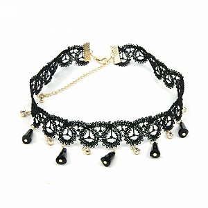 Choker de Renda com Strass Dourado e Pingentes Preto