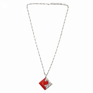 Colar Longo Prateado Pingente Losango Vermelho com Strass