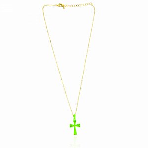 Colar Dourado com Cruz Verde Neon