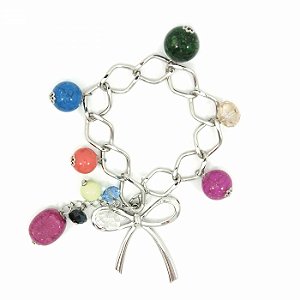 Pulseira Prateada Colorida com Pedras de Cristal