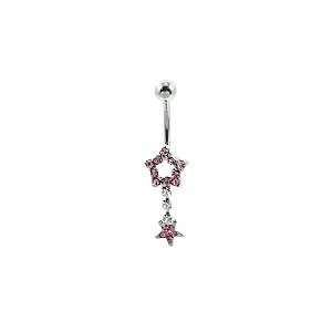 Piercing de Umbigo Prateado com Estrelas de Strass Rosa