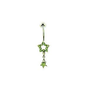 Piercing de Umbigo Prateado com Estrelas de Strass Verde