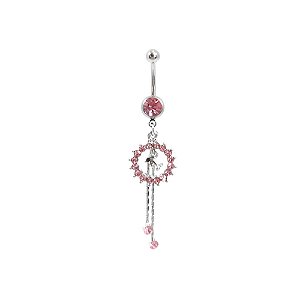 Piercing de Umbigo Prateado com Strass Rosa