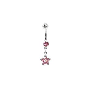 Piercing de Umbigo Prateado com Estrela em Strass Rosa