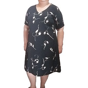 Vestido de Crepe Preto com Flores Bege