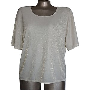 Blusa de Brilho Branca com Lurex Dourado e Manga Curta