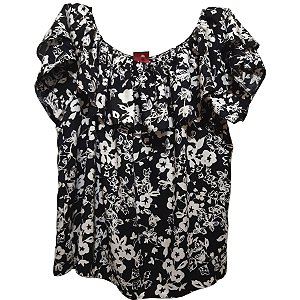 Blusa Ciganinha de Viscose Preto e Branca Plus Size