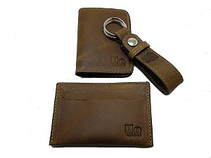 Kit Porta Cartão + Chaveiro + Porta Cartão Slim - Couro cor Oil Mostarda