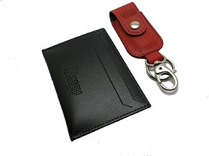 Chaveiro vermelho + Porta Cartões Slim preto - Couro Legítimo