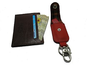 Chaveiro vermelho + Porta Cartões SlimPinhão - Couro Legítimo