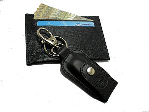 Chaveiro preto Liso + Porta Cartões Slim Preto elefante - Couro Legítimo