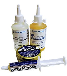 Kit solda Fluxo No Clean 110ml + Fluxo  Resinoso Liquido 110Ml + Pasta para soldar Soldatec 50g + Fluxo Pastoso RMA 223