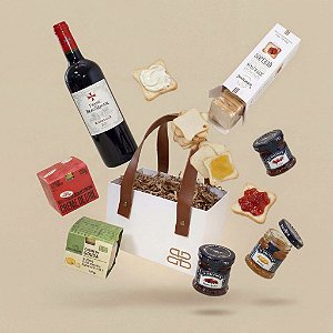 Cesta Gourmet com Vinho Bordeaux e Queijos