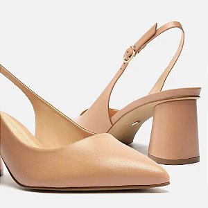 Arezzo Scarpin Bege Couro Salto Geométrico Slingback