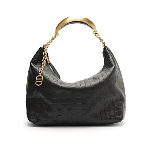 Arezzo Bolsa Hobo Preta Couro Tressê Pequena Silvia Braz
