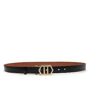 Arezzo Cinto Preto Couro Fivela Geométrica Reversível