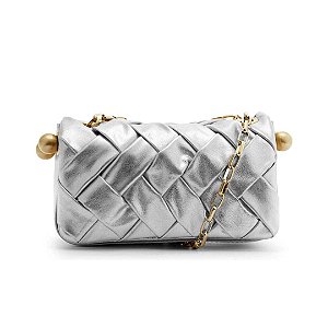 Schutz Bolsa Couro Pequena Prata com Ferragens Dourada