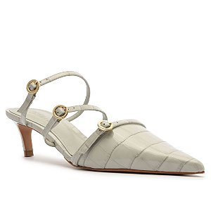Schutz Mule Curve Heels em Couro Croco Cinza Claro