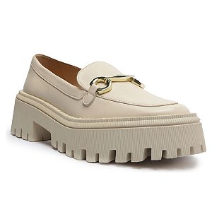 Arezzo Mocassim Off-White Couro Tratorado Bridão