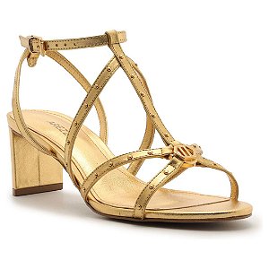 Arezzo Sandália Dourada Couro Salto Bloco Tiras Rebites