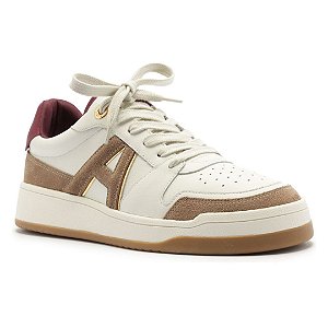 Arezzo Tênis Branco Couro Bico Redondo Logo Marrom