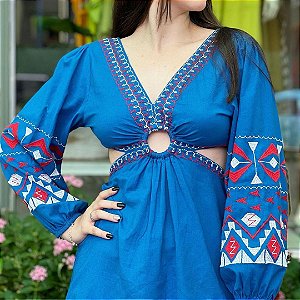 Shoulder Vestido Manga com Bordado Azul