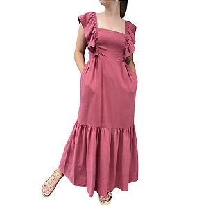 Shoulder Vestido Evase Babados Marsala