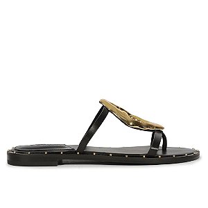 Schutz Sandalia Rasteira Slide Couro Metal Preta