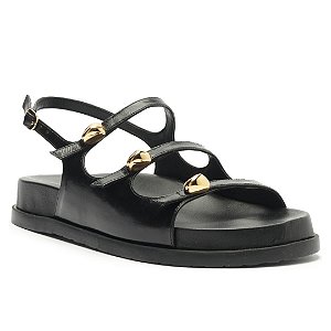 Arezzo Sandália Papete Preta Couro Tiras Metal Bold