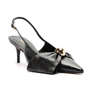 Arezzo Scarpin Preto Couro Slingback Laço Metal