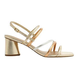 Arezzo Sandália Metalizada Couro Salto Bloco Redondo