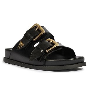 Schutz Papete Couro Preto Fivela Dourada