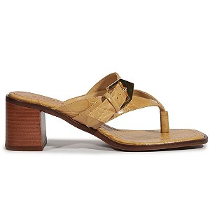 Schutz Sandália Mule Salto Bloco Scalea Couro Croco Marrom Clara