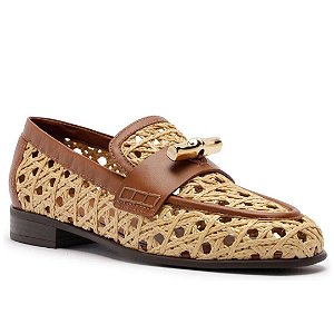 Arezzo Mocassim Marrom Couro Palha Sextavada Metal