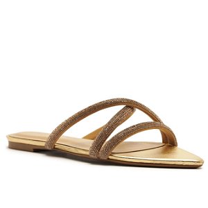 Arezzo Rasteira Dourada Flat Bico Folha Tiras Strass