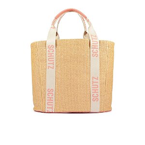 Schutz Bolsa Shopping Grande Ráfia Natural Bege e Rosa