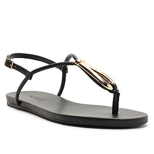Arezzo Sandália Rasteira Preta Slim Metal Dourado