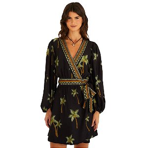 Farm Vestido Curto Manga Estampado Coqueiritos Preto