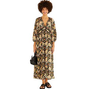 Farm Vestido Longo Manga Estampado Andorinha