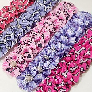 Laço Fuxico Estampado Ossinho Strass - 10 unidades