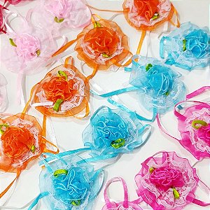 Laço de Penteado Fuxico Voil Flor Cetim - 10 unidades