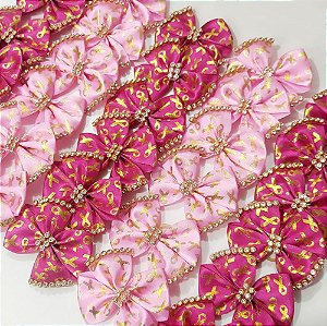 Laço 4 Pontas Estampado Strass Outubro Rosa - 10 unidades