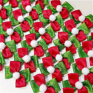 Laço X Duplo Lurex Pompom de Natal - 10 unidades
