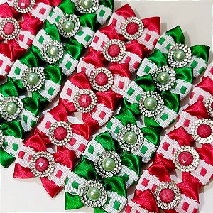 Laço Borboleta Duplo Galão Strass de Natal - 10 unidades